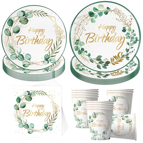 Sunshine Smile Juego de vajilla de fiesta verde eucalipto, 50 unidades, hojas de eucalipto, platos para fiestas de cumpleaños y cumpleaños infantiles