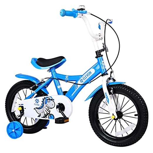 Elevon Dinos Kids Bike Kids Bicycle with Removable Training Wheels and Basket 12 Inch 14 Inch 16 Inch for Boys Girls Ages 2-9 Years Old,12 Inch with Training Wheels,Blue