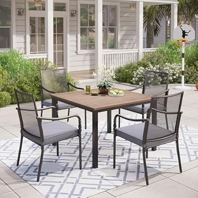 MIXPATIO 5 Piece Patio Metal Dining Set, Outdoor Table and Chairs for 4, Powder-Coating Steel Chairs with 4" Thickened Cushions, 42" Square Wood Grain Table with 1.57" Umbrella Hole for Deck Backyard