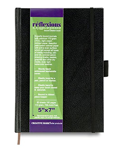 Creative Mark Hard Leather Bound Sketchbook [160 Pages - 5 x 7], Black Embossed Leatherette Journal, Acid-Free Paper, Perfect for Dry Media, Drawing With Elastic Pen Loop & Page Keeper Ribbon
