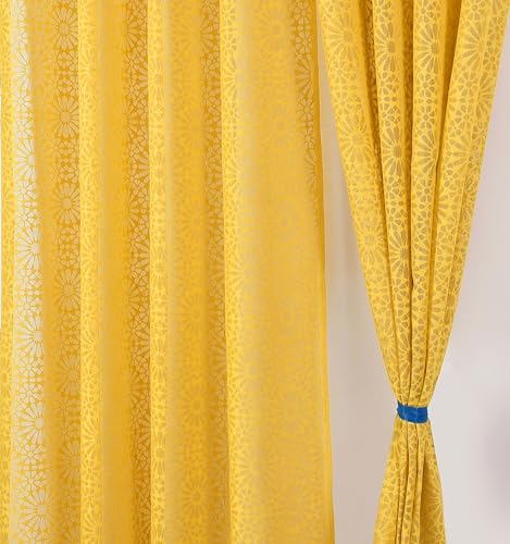 Image of Fabrilia Geometric Pattern Window Net Curtains 5 feet Long Set of 2 for Living Room /Bedroom, Yellow