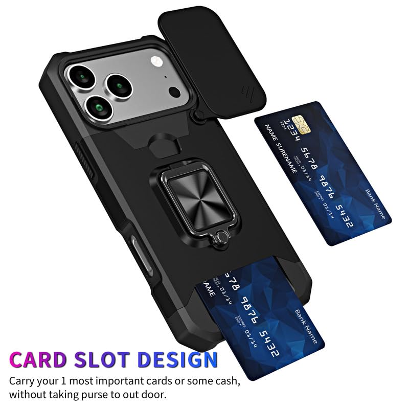 Image of LuxuryKase Shockproof Armor Case for iPhone 17 Pro Max | Slide Camera Cover | Hidden Card Slot | Rotating Ring Kickstand | Magnetic Car Mount Support | Military Grade Protection - Black