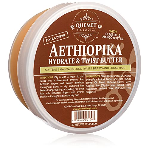 Qhemet Biologics Aethiopika Hydrate & Twist Butter - Frizz-Free Styling Butter Adds Flexible Definition to High & Low Porosity Hair - Smooth Edges, Soften & Flatten Locs, Twists & Braids (4.7 oz)