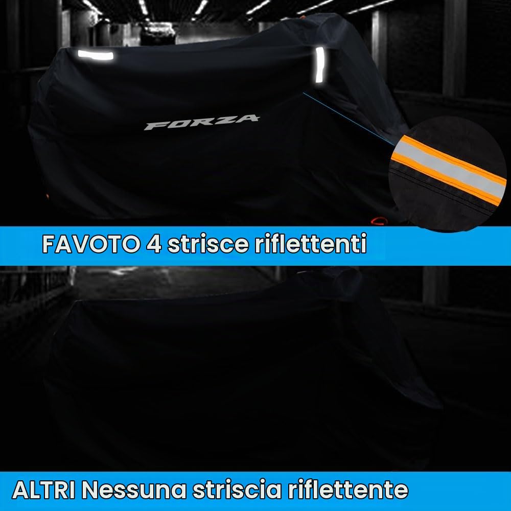 Per Forza 125 250 300 350 750 Telo coprimoto impermeabile antipolvere antipioggia antivento anti-escrementi di uccelli con strisce riflettenti in poliestere 210D antifurto (295 cm*110 cm*140 cm)
