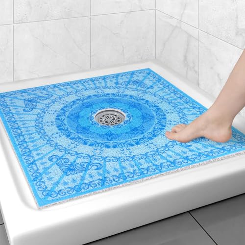 Image of Square Shower Mat Non Slip: 31x31 Inch Extra Large Shower Floor Mat with Drain Hole in Middle - Soft PVC Loofah Bath Mat for Shower - Anti Slip Shower Stall Mat for Elderly and Kids