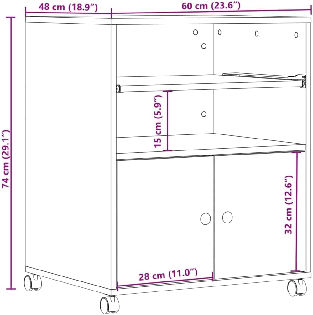 vidaXL Printer Stand with Wheels, Printer Table with Storage, File Organizer for Home Office, Computer Printer Stand, Printer Cart, Concrete Gray