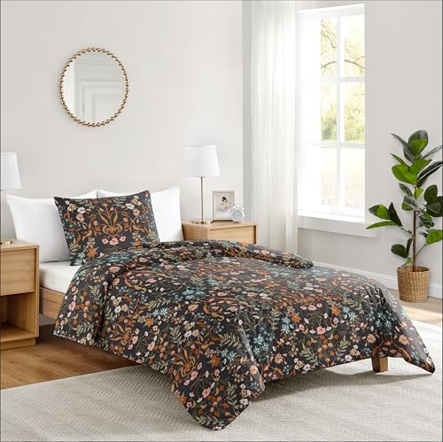 Image of Sweet Jojo Designs 2-Piece Twin Comforter Set (Black Boho Wildflower Floral) for Girls, Teen Kids Bedding, Bed in a Bag incl. Blanket & Pillow Sham (Vintage, Bohemian Farmhouse, Botanical Cottagecore)
