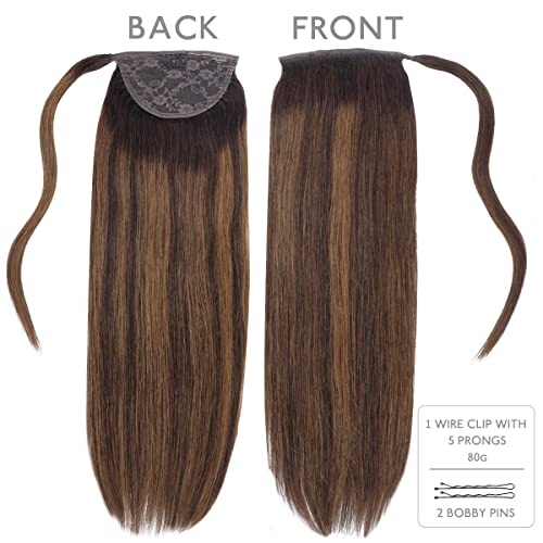Image of WENNALIFE Ponytail Hair Extension, 20 Inch 80g Dark Brown Mixed Chestnut Brown Ponytail Extension Human Hair Clip in Wrap Around Remy Human Hair Extension Hairpieces