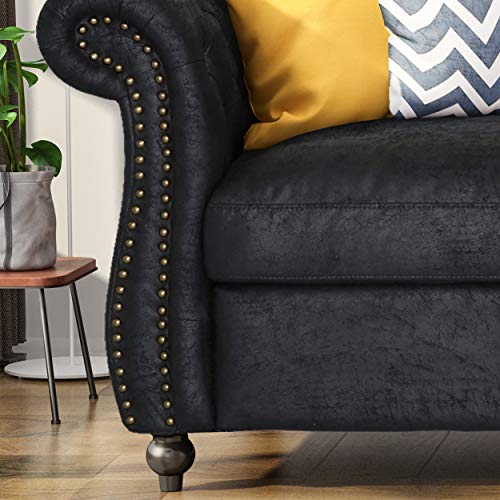 Great Deal Furniture Vita Chesterfield Tufted Microfiber Sofa With Scroll Arms, Black #TOP4