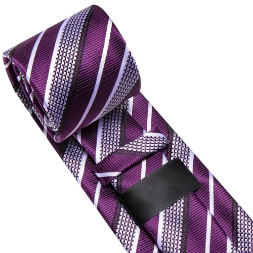Image of Purple White Tie and Lapel Pin 4PCS Set Silk Striped Formal Necktie for Men Pocket Square Cufflinks Wedding Party
