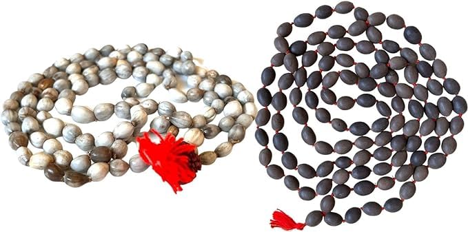 GenericGeneric Mythology Centre (Pack of 2) Original Vaijanti Mala White Bead Mala & Kamal Gatta Mala (Lotus Seeds) 108 Beads with Tassel, Small, GOLDEN