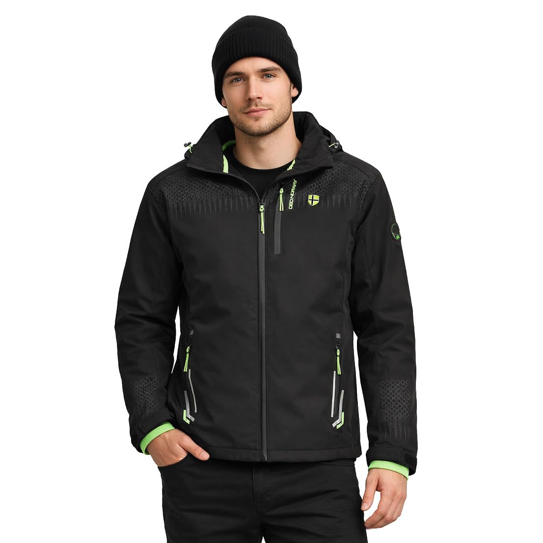 Geographical Norway Trelino Black-Green Db Men 0124 (WZ8556H/GN-Black/Green) męska kurtka outdoorowa softshell z kapturem, czarna, zamek błyskawiczny, wodoodporna i wiatroszczelna