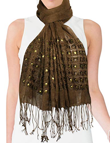 Linen Fashion Hand Embroidered Flowers & Rivets Long Scarf Shawl