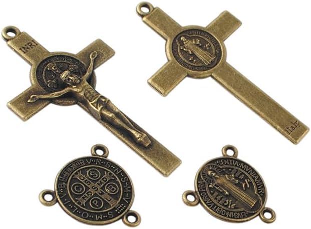 Intercession Antique Bronze Saint Benedict Rosary Crucifix and Centerpiece Set, Religious Medal Design, 5 Pack