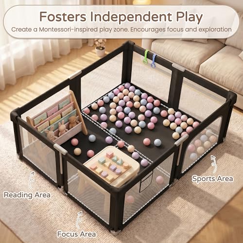 Image of Foldable Playpen for Babies and Toddlers with Mat, 73 inch x 61 inch Playard for Indoor & Outdoor, Baby Play Pen with Soft Breathable Mesh, Pull-Link and Ocean Balls, Black