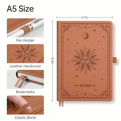 Image of EMSHOI Graph Grid Journal Notebook, 192 Pages, A5 Size (5.7'' x 8.3'') | Leather Hardcover, 100 GSM Thick Paper, for School, Note Taking, Math, Engineering, Sun Debossed (Brown)