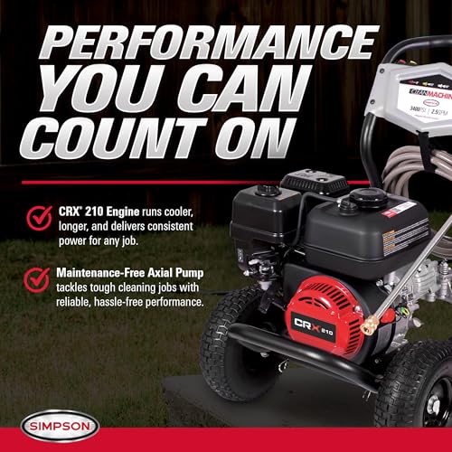 Image of Simpson Clean Machine 3400 PSI Gas Pressure Washer, 2.5 GPM, CRX engine | Gas Power Washer For Homeowners. AAA Axial Cam Pump, 25' Hose, 5 Nozzles, Low-profile Frame. 49-State Compliant. CM61083