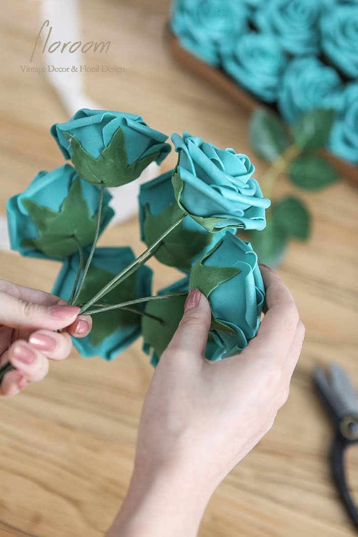 Floroom Artificial Flowers 25pcs Real Looking Teal Green Foam Fake Roses with Stems for DIY Wedding Bouquets Baby Shower Centerpieces Party Tables Home Decorations - Image 4