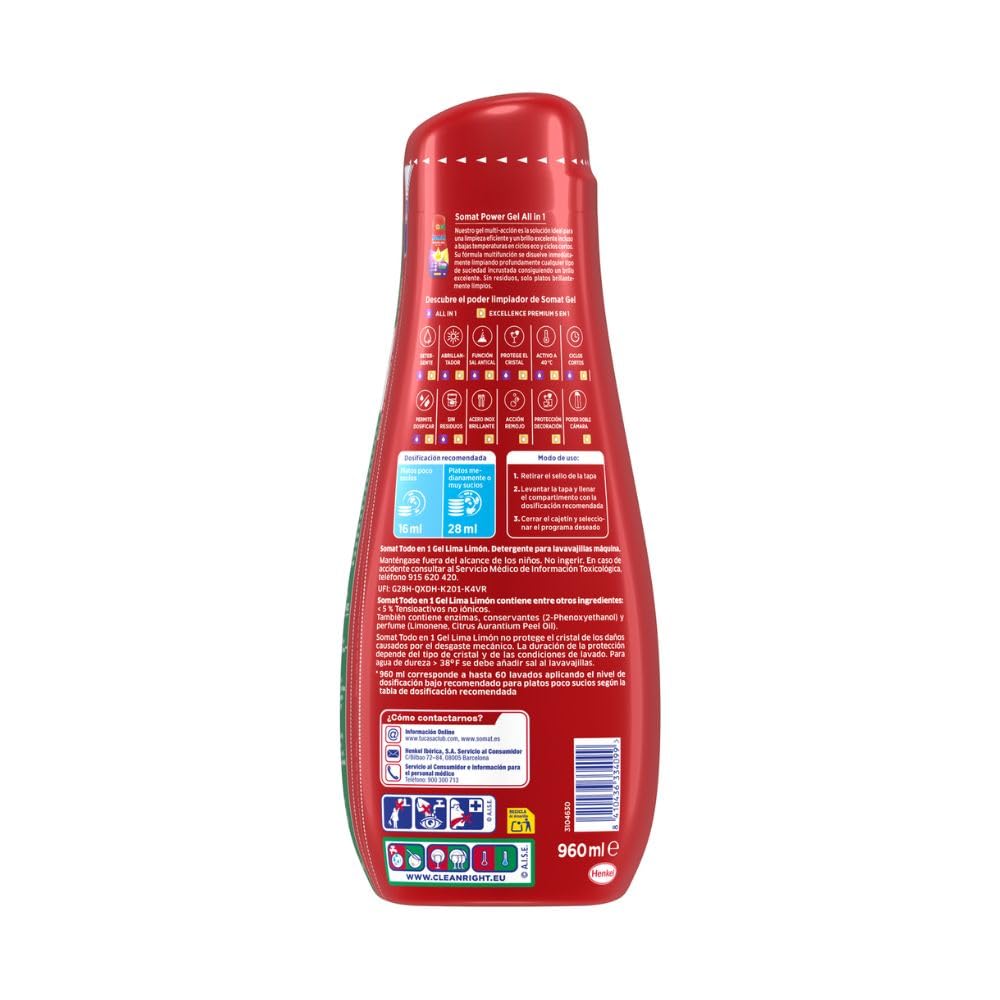 Somat Power Gel Todo en 1 para Lavavajillas Lima Limón (240 Lavados), Detergente para Lavavajillas con Limpieza Potente, Para una Vajilla Perfectamente Limpia Incluso en Programas Eco y Ciclos Cortos