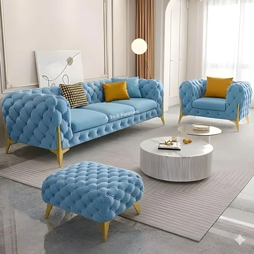 Image of A to Z Furniture Modern Classic Fabric & Valvet Tufted Chesterfield Sofa Living Room and Office (3+1= 4 Seater Sofa Set with Footrest Sky-Blue)
