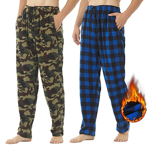 YUSHOW 2er Pack Schlafanzughose Herren Lang Fleece Karierte Pyjamahose Winter Warm Pyjama Hose Soft Freizeithose Weihnachts Pyjama mit Taschen und Kordelzug