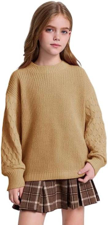 Girls Crewneck Sweaters Casual Long Sleeve Drop Shoulder Pullover Sweaters Fall Oversized Cable Knit Tops - Image 2