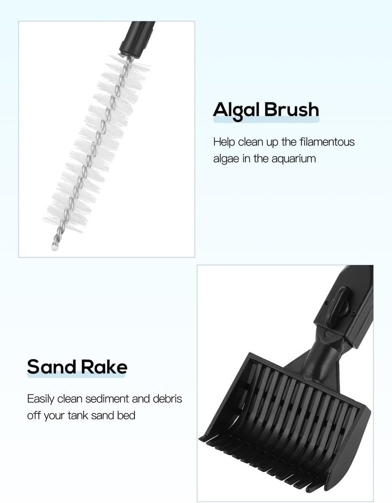 34’’ Adjustable Fish Tank Cleaner Kit, 6-in-1 Telescopic Aquarium Cleaning Tools, Fish Net, Algae Scraper, Sponge Brushes, Algal Brush & Sand Rake