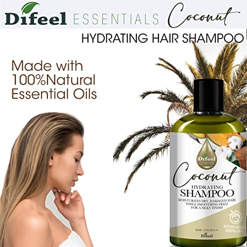 Difeel Essentials Hydrating Coconut Shampoo 12 Oz. - Moisturizing Sulfate Free Shampoo Made With 100% Natural Essential Oils #TOP3