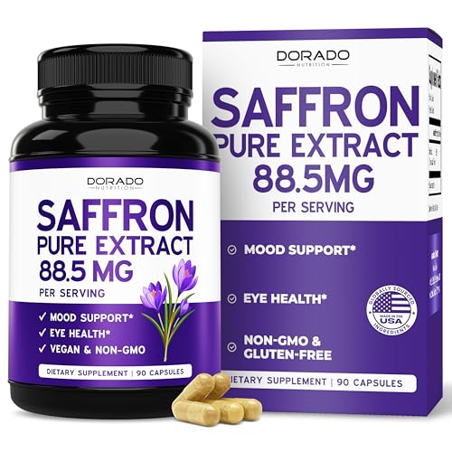 Saffron Supplements for Mood, Energy & Vision Support (3 Month Supply) Pure Saffron Extract 88.5mg Per Serving - Vegan Safe, Third Party Tested & Non GMO - USA Made (90 Capsules)