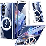 PETORA Galaxy Z Fold7 用 ケース リング付き MagSafe対応【360度回転式マグネットスタンド・縦横両対応】ガラスフィルム付き 米軍MIL規格 耐衝撃 ヒンジ保護 レンズ保護 透明 黄ばみ防止 滑り止め マグセーフワイヤレス充電対応 ギャラクシー Z Fold7 用 カバー おしゃれ スマホケース (クリア)