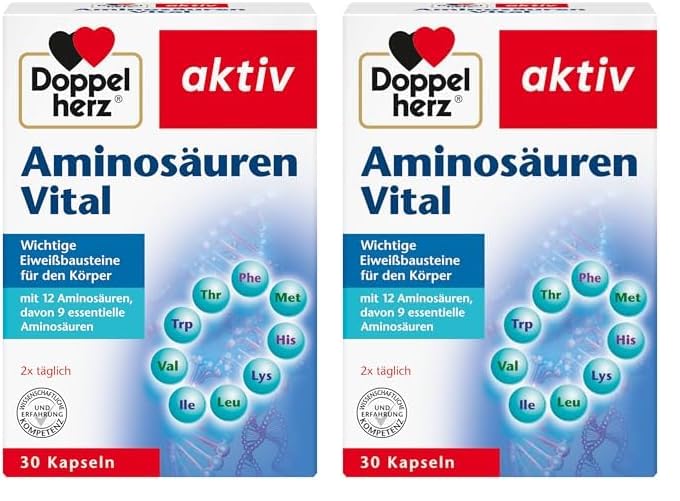 Doppelherz Aminosäuren Vital - 12 Eiweiß-Bausteine, darunter alle 9 essentiellen Aminosäuren, für Sportler und körperlich Aktive - 30 Kapseln (Packung mit 2)