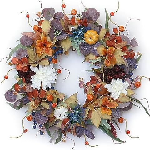 24 Inch Fall Wreaths for Front Door Outside, Soomeir Large Pumpkins Thanksgiving Wreath, Autumn Decor with Silk Leaves for Home Halloween Decorations Indoor Outdoor Farmhouse (Purple) Cover