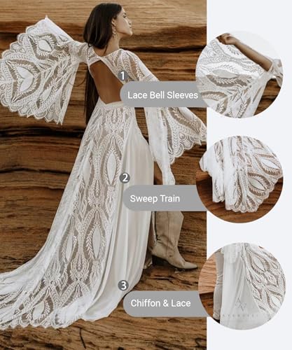 Women Simple Lace Wedding Dress V Neck Long Bell Sleeves A-Line Slit Bohemian Casual Bridal Gowns for Bride,Off White,US03
