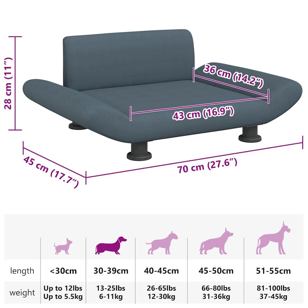 Cama para perros gris oscuro, 70 x 45 x 28 cm, tela, cojín para perros con acolchado de espuma, sofá para perros de pino con patas de acero, cama para perros pequeños, salón o dormitorio