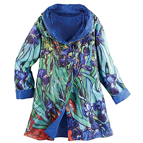 LINDI Womens Fine Art Raincoat Reversible van Gogh Print Waterproof Hooded - Irises - Large