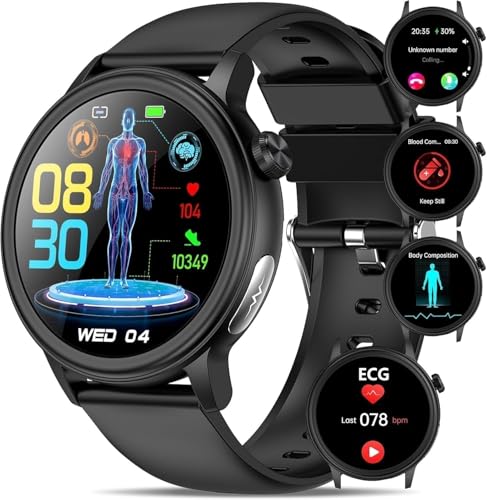2026 NUE Smartwatch mit EKG/ΒΙυtｚυcker/ΒΙutdrυck/HRV,1.39' rund Gesundheitsuhr mit BMI/Hαrnsäure/Telefon/SOS-Taste 24H Herzfrequenz SPO2 Apnoe Schlafmonitor Stress Emotion Wetteranzeige Damen herren
