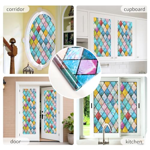 WPCTEV 3D Window Film No Glue Privacy for Glass Sticker Static Cling Heat Control Anti UV Non-Adhesive Decorative Rhombus 17.5 Inch x 6.5 Feet