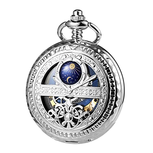 TREEWETO Reloj de bolsillo mecánico para hombre, diseño de sol y luna, esqueleto, números romanos, con cadena para hombre, p