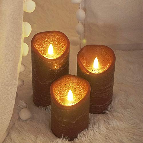 Image of CANDLE CHOICE Battery Operated Flameless Candles with Remote Timer Real Wax Realistic Flickering Electric LED Pillar Lights for Home Wedding Party Christmas Decorations 3 Pack Rustic Texture Burgundy