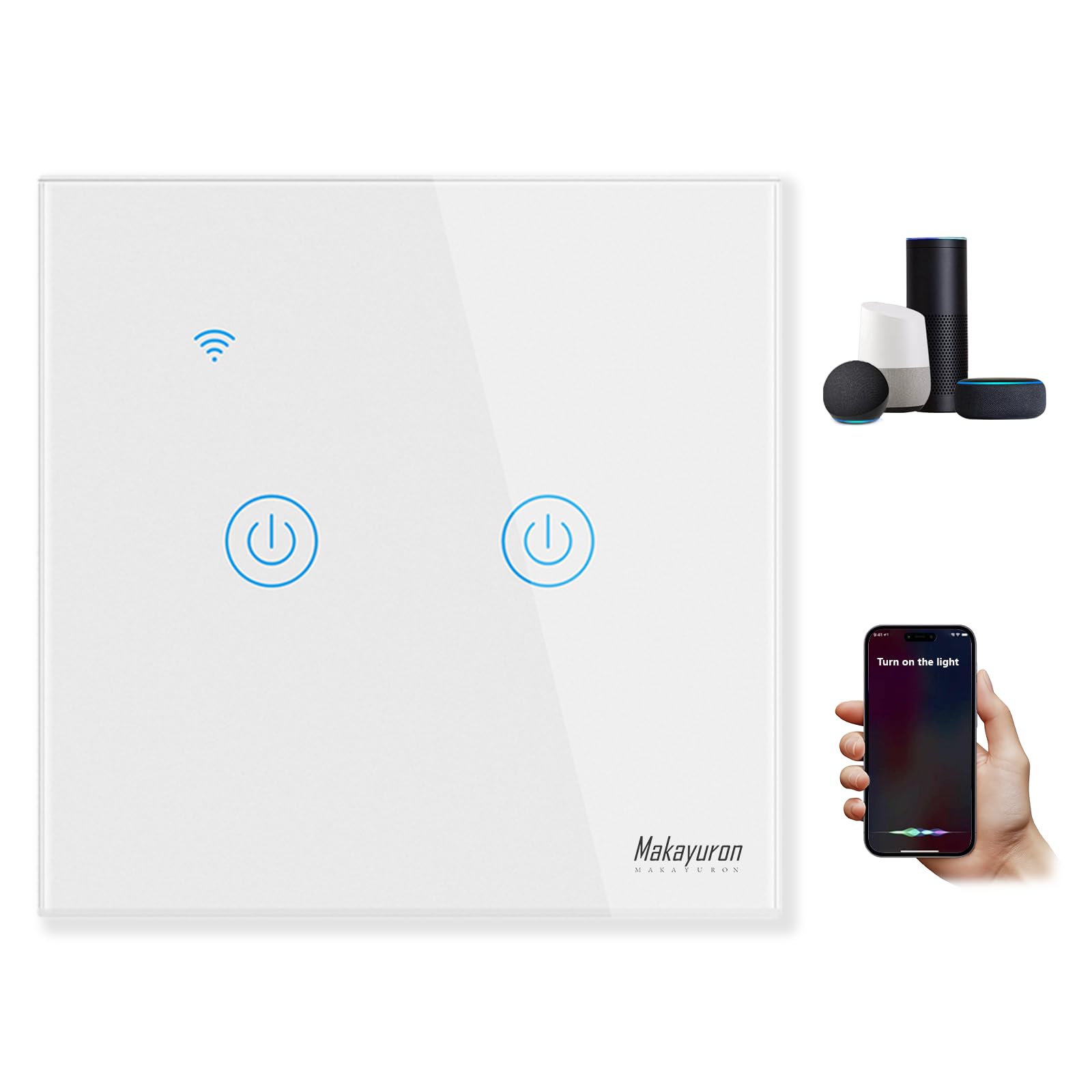 MakayuronWiFi Smart Wall Light Switch Touch Switches No Neutral Wire Required Compatible with Alexa and Google Home APP Remote Control Touch Switch, Voice Control, No Hub Required (White 2 Gang)