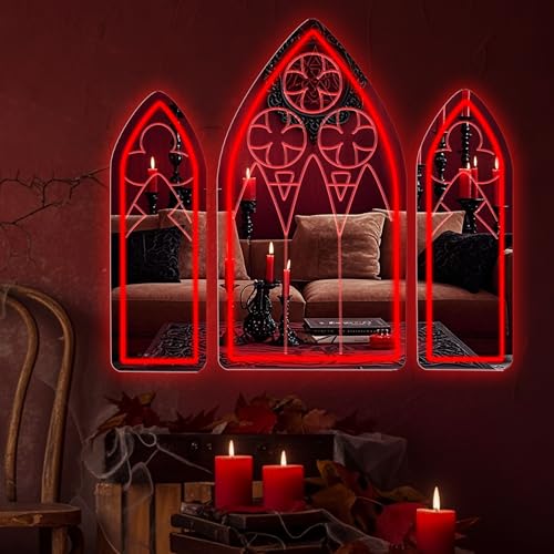 Image of DUOLIYBC Gothic Neon Sign, Medieval Goth Mirror Set, Window Mirror Neon Signs for Wall Decor, Gothic Cathedral Decor, Witch Mirrors 16″ x 9.4″