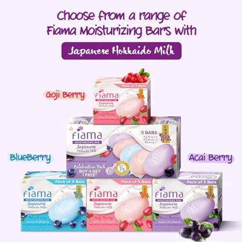 Image of Fiama Moisturizing Bars Pack of 9, Japanese Hokkaido Milk & Berries, Non-Sticky Moisturized Skin, 1 /3rd Skin Moisturizers, Vitamin F, Fragrant Freshness, Moisture Rich Indulgence, Combo Pack