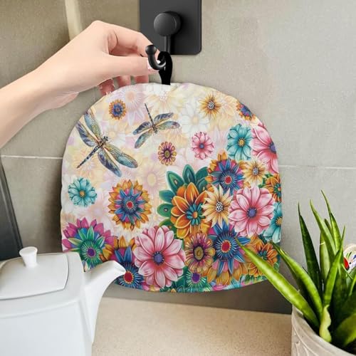 Image of Boho Flower Dragonfly Tea Pot Cosy Creative Teapot Cozies Teapot Cover with Top Handle Insulating Keep Tea Warm Teapot Warmer Ideal Gift