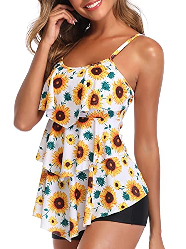 Summer Mae Women 2 Piece Flounce Sunflower Printed Top With Boyshorts Tankini Swimsuits Sunflower M #TOP5