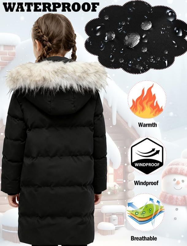 KVE Girl's Winter Thicken Puffer Long Coat Warm Jacket with Fur Removable Hood - Image 6