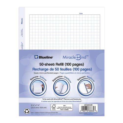 Blueline AFQ9050R MiracleBind Quad Ruled Refill Sheets, 9-1/4 x 7-1/4, White, 50 Sheets/Pack