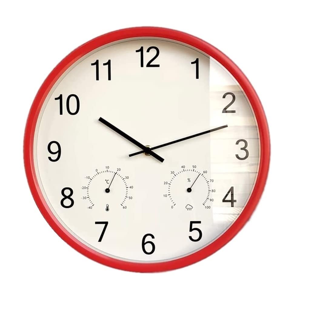 Reloj De Pared Decoración Hogar Reloj De Pared Moderno Simple con Termómetro Higrómetro Segundos Barrido Silencioso Redondo Sala Estar Dormitorio Oficina Cuarzo para Cocina(Rot)