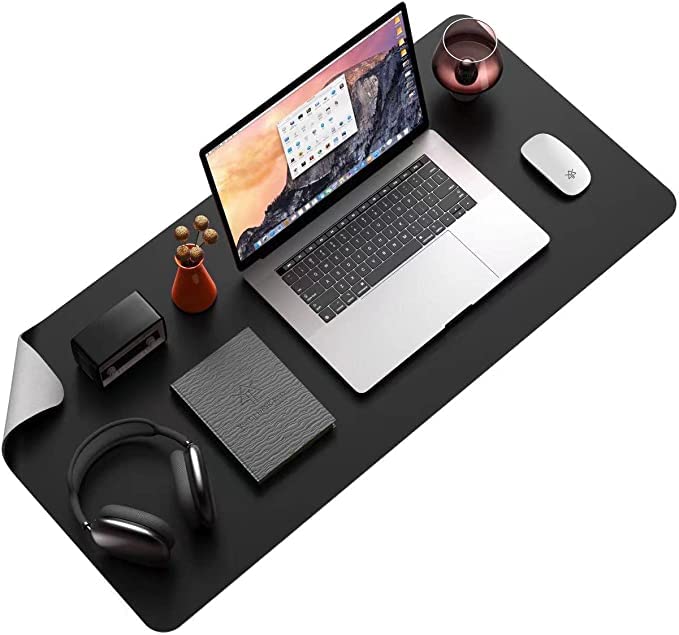Image of Aropana Vegan Leather Desk Mat | Large Reversible Mouse Pad & Computer Table Protector | Dual-Side Waterproof Extended Laptop Pad with Edge-Stitched Design (90x45CM, Black and Grey)