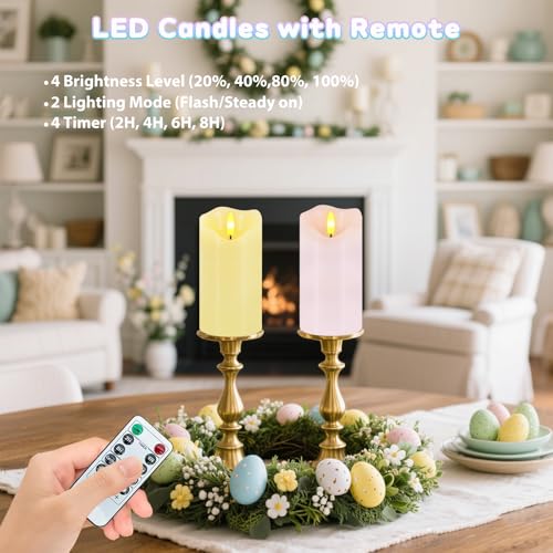 Image of Flameless Candles Light, Set of 2 6 inchx3 inch Flickering Pastel Spring LED Candles with Remote & Timer, Dimmable Real Wax Easter Pillar Candles Battery Operated for Home Spring Easter Decor (Pink Yellow)