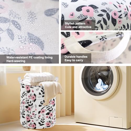 Image of Mziart Cute Laundry Basket, Large Floral Laundry Hamper for Girls Kids Toys Collapsible Clothes Organizer Waterproof Foldable Baby Hamper for Nursery Dorm Fabric Storage Basket Bin with Handles (Pink)